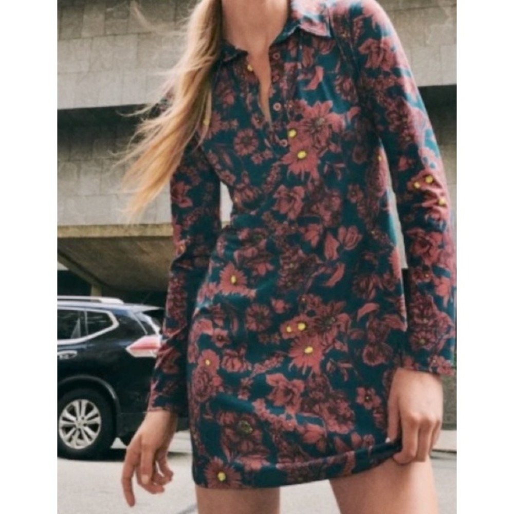 Zara Womens Mini Dress M Brown Floral Long Sleeve‎ Retro Mod 065/459/829/M
